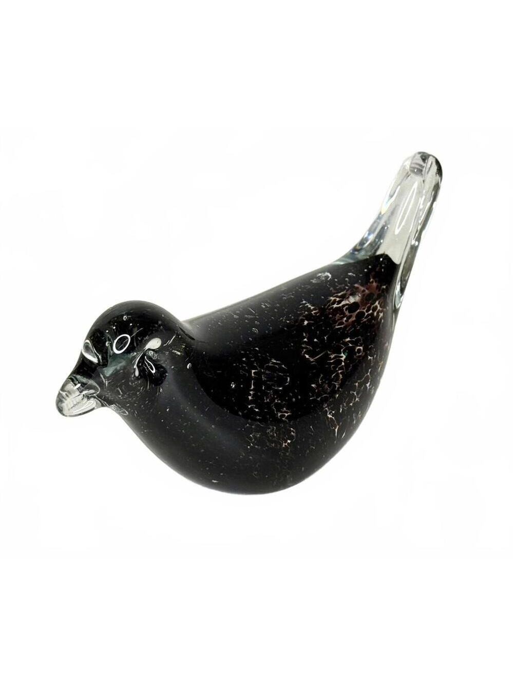 Hand Blown Art Glass Bird Paperweight Figurine Black Speckled Murano Style
